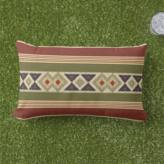 Red Mustard Yellow Olive Green Ikat Stripes Art Buitenkussen (Gras)