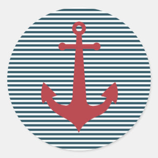 Red nautical anchor on striped blue background ronde sticker