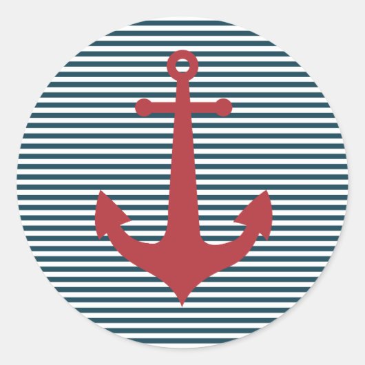 Red nautical anchor on striped blue background ronde sticker (Voorkant)