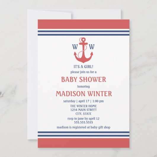 Red Nautical Baby Shower Invitaties Kaart (Voorkant)