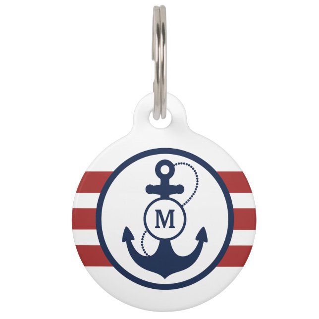 Red Nautical Monogram Huisdierpenning (Voorkant)