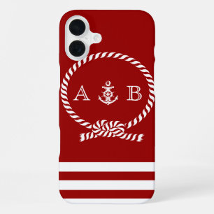 Red Nautical Rope en Anchor Monogrammed iPhone 16 Plus Hoesje