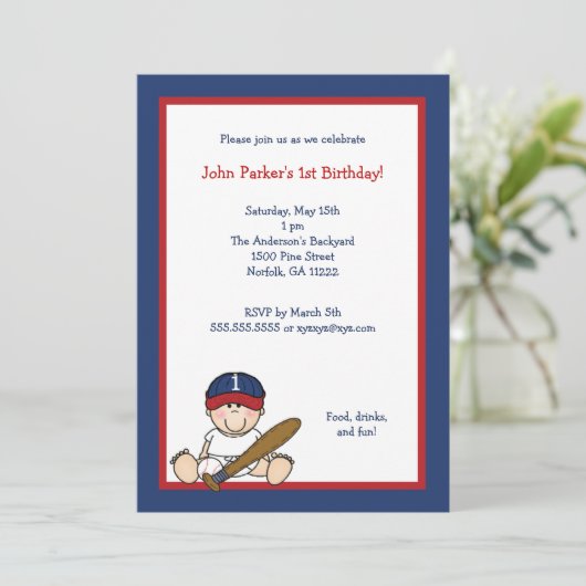 Red Navy Blue Baseball Uitnodiging eerste verjaard (Staand voorkant)