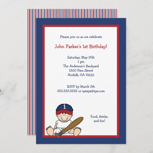 Red Navy Blue Baseball Uitnodiging eerste verjaard (Voorkant / Achterkant)