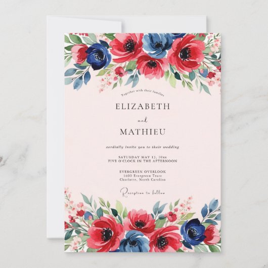 Red Navy Blue Dynamic Spring Wedding Kaart (Voorkant)