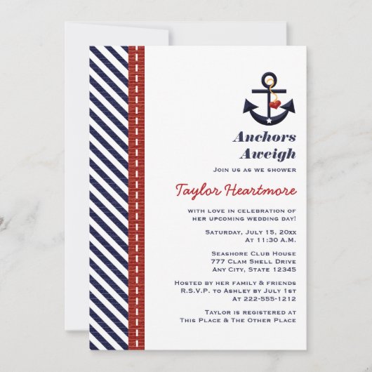 Red Navy Blue Nautical Bridal Shower Invitations Kaart (Voorkant)