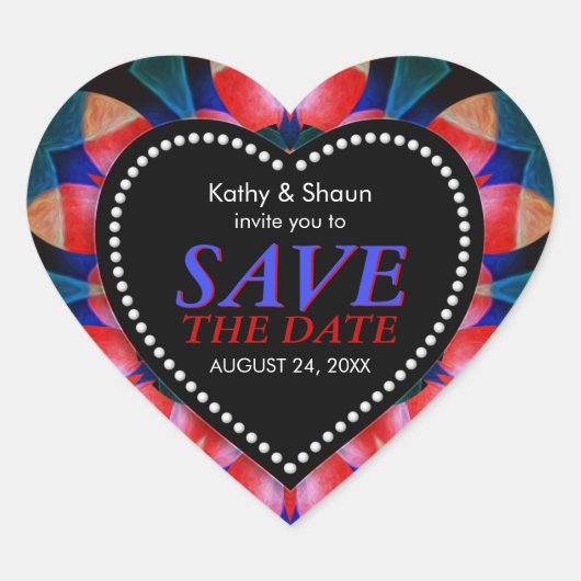 Red Navy Blue Tropical Save the Date Heart Sticker (Voorkant)