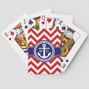 Red Navy Blue Wht LG Chevron Anchor Monogram Pokerkaarten