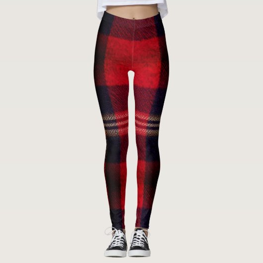 Red Navy Buffalo Plaid Flannel Tartan Leggings (Voorkant)