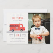 Red Navy Fire Truck Engine Photo Birthday Invite Bedankkaart (Voorkant)