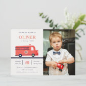 Red Navy Fire Truck Engine Photo Birthday Invite Bedankkaart (Staand voorkant)