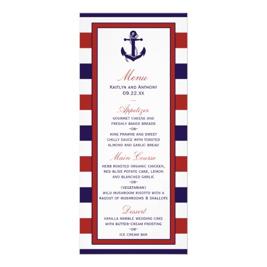 Red & Navy Nautisch Anker Trouwmenu Reclamekaart (Voorkant)