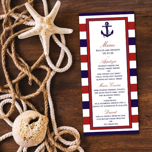 Red & Navy Nautisch Anker Trouwmenu Reclamekaart