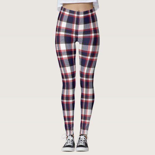 Red Navy Pset Tartan Gecontroleerd Patroon Leggings (Voorkant)