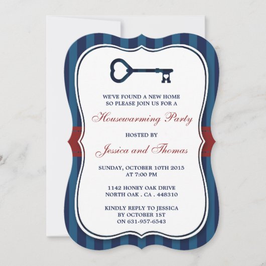 Red & Navy Stripe Heart Key New Home Housewarming Kaart (Voorkant)