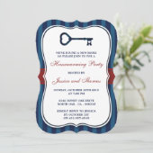 Red & Navy Stripe Heart Key New Home Housewarming Kaart (Staand voorkant)