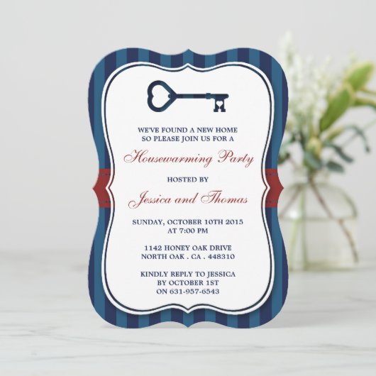 Red & Navy Stripe Heart Key New Home Housewarming Kaart (Staand voorkant)