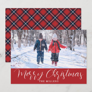 Red Navy Tartan Photo Card voor kerstFeestdagen Feestdagenkaart