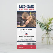 Red Navy Wedding Save the Date Football Ticket (Staand voorkant)