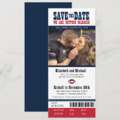 Red Navy Wedding Save the Date Football Ticket (Voorkant / Achterkant)