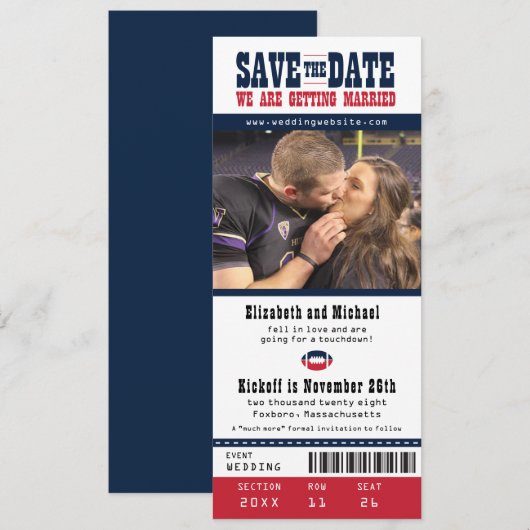 Red Navy Wedding Save the Date Football Ticket (Voorkant / Achterkant)