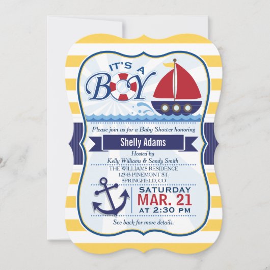 Red, Navy, & Yellow Nautical Sailboat Baby shower Kaart (Voorkant)