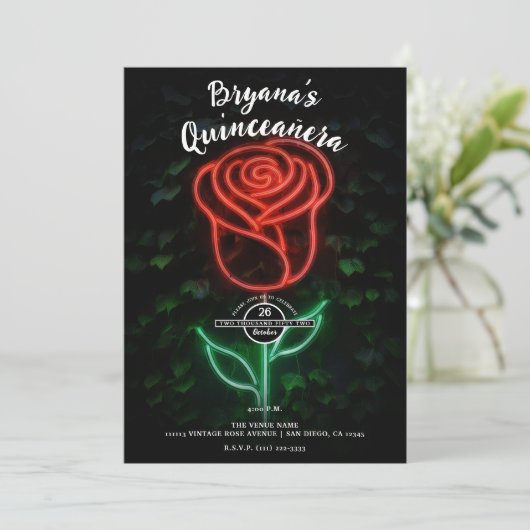 Red Neon Light Glowing Roos Ivy 15 Quinceañera Kaart (Staand voorkant)