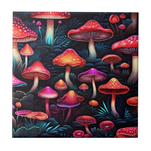 Red Neon Mushrooms - Exclusieve Retro Art Tegeltje (Voorkant)