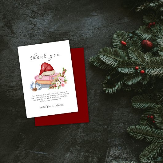 Red New Chapter Begins Winter Floral Baby Shower  Bedankkaart