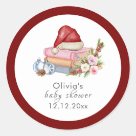 Red New Chapter Begins Winter Floral Baby Shower  Ronde Sticker