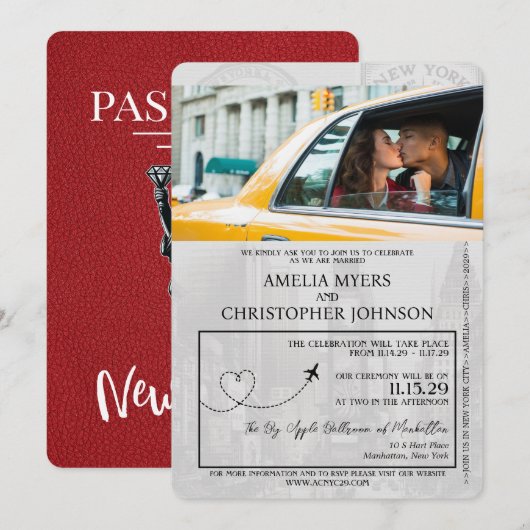 Red New York Passport Wedding Kaart (Voorkant / Achterkant)