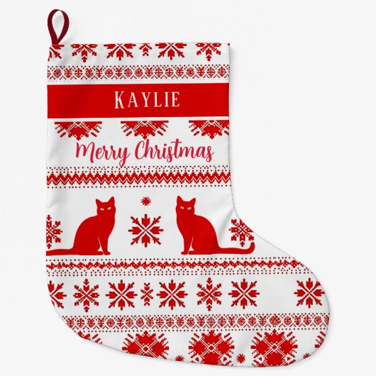 Red Nordic Cat Pattern Christmas Grote Kerstsok (Voorkant)