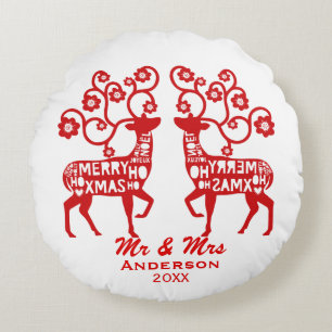 Red Nordic Reindeer Custom Couple Rond Kussen