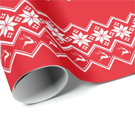 Red Nordic Snowflake en Reindeer | Oogzweefvliegtu Cadeaupapier (Rol Hoek)