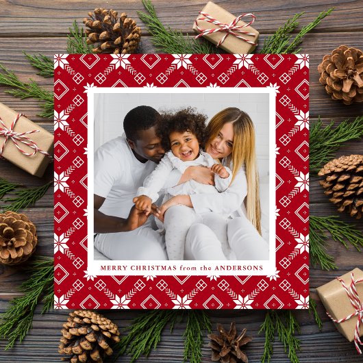Red Nordic Snowflake Pattern Foto Feestdagenkaart