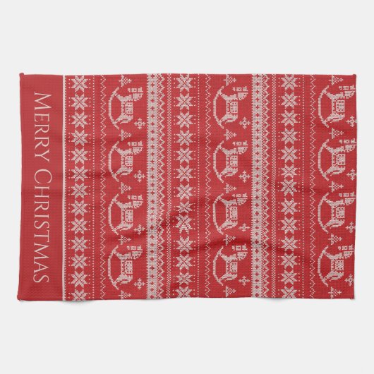 Red Nordic Style Rocking Horse Pattern kerst Theedoek (Horizontaal)