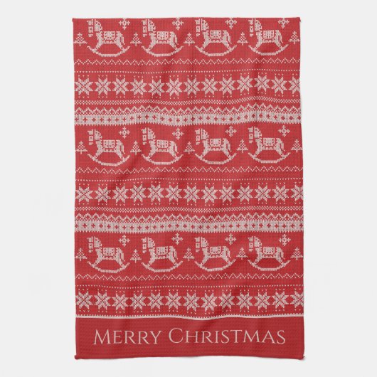 Red Nordic Style Rocking Horse Pattern kerst Theedoek (Verticaal)