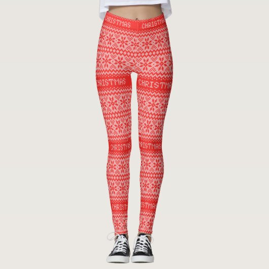 Red Nordic Sweater Snowflakes Patroon kerst Leggings (Voorkant)