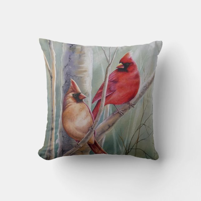 "Red Northern Kardinaal Bird Pair Waterverf Art Kussen (Voorkant)