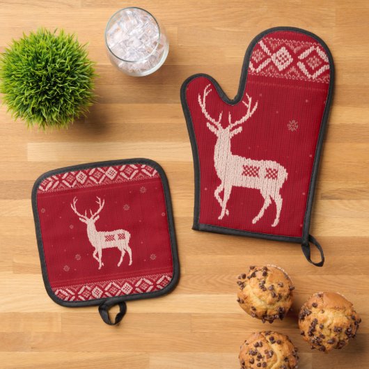 Red Norwegian Knit w/ Deer, Oven Mitt & Pot Holder Ovenwant & Pannenlap Set (Top down)