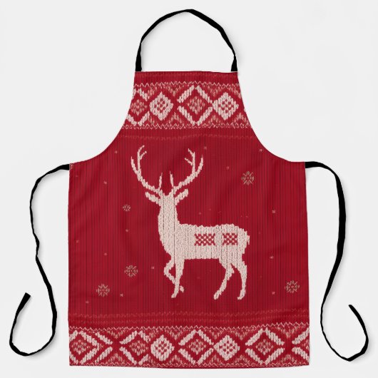 Red Norwegian Knit with Deer, Apron Schort (Voorkant)