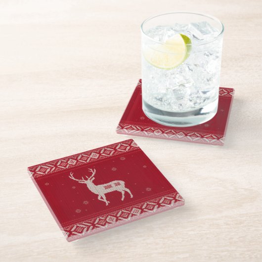 Red Norwegian Knit with Deer, Glass Coaster Glazen Onderzetter (Schuin)