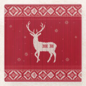 Red Norwegian Knit with Deer, Glass Coaster Glazen Onderzetter (Voorkant)