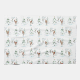 Red Nose Deer in Snowy Forest of Kerstbomen Theedoek