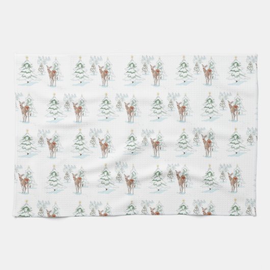 Red Nose Deer in Snowy Forest of Kerstbomen Theedoek (Horizontaal)