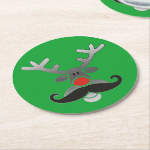 Red Nosed Rudolph met Mustache + jouw idee Ronde Kartonnen Onderzetter