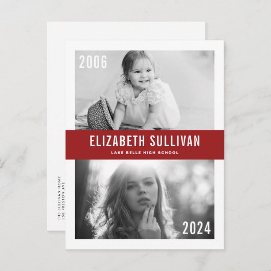 Red Now and Then Class of 2022 Graduation Aankondigingskaart (Voorkant / Achterkant)