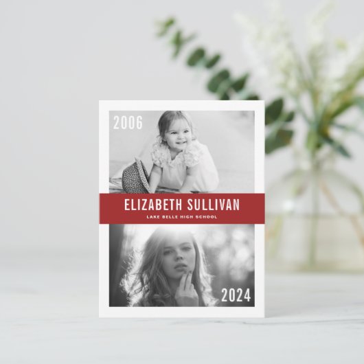 Red Now and Then Class of 2022 Graduation Aankondigingskaart (Staand voorkant)