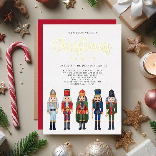 Red Nutcracker kerstfeestfeest Gold Folie Uitnodiging
