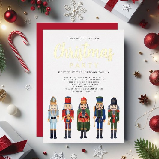 Red Nutcracker kerstfeestfeest Gold Folie Uitnodiging